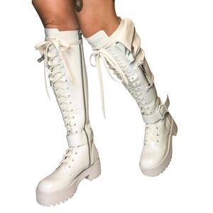Current Mood White Knee High Obsidian Combat Boots